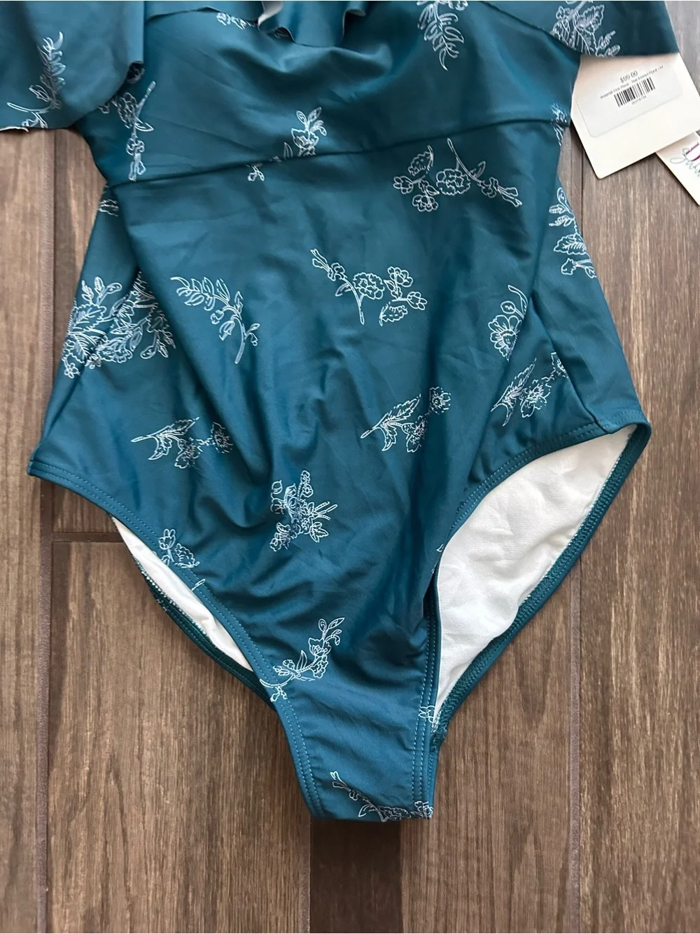 NWT DM Fashion Waterfall One Piece Swimsuit in Teal Etched Floral Sz M